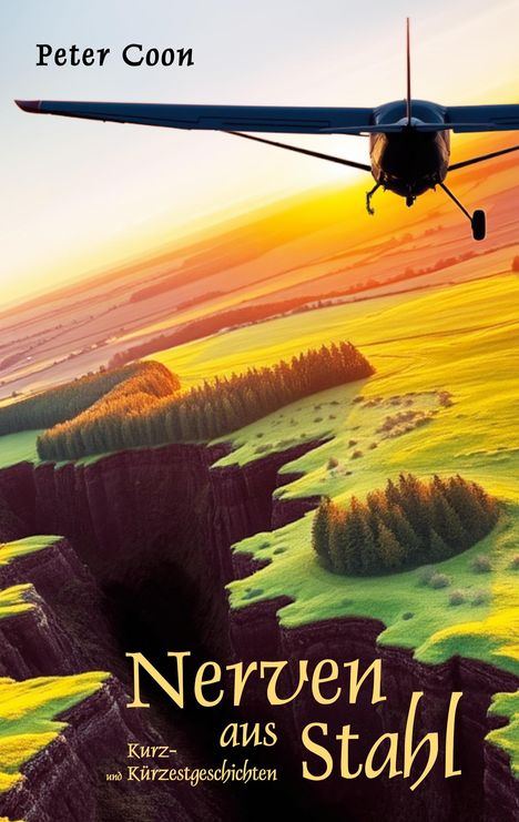 "Nerven aus Stahl" und "Kurz- und Kürzestgeschichten" unten. Ein Flugzeug über einer beeindruckenden Klippenlandschaft im Sonnenuntergang.