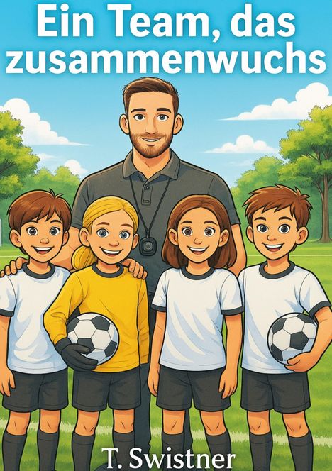 Ein Team, das zusammenwuchs. T. Swistner. Illustration mit lächelndem Trainer und vier Kindern in Fußballkleidung.