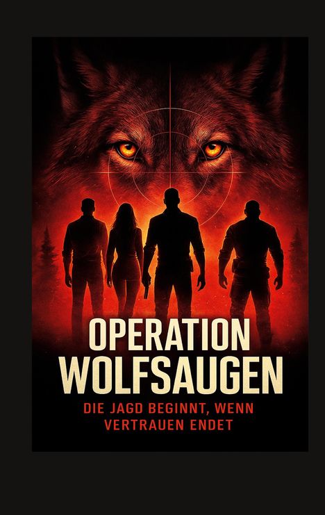 „OPERATION WOLFSAUGEN. Die Jagd beginnt, wenn Vertrauen endet.“ Vier Personen stehen vor einem riesigen Wolfsgesicht.