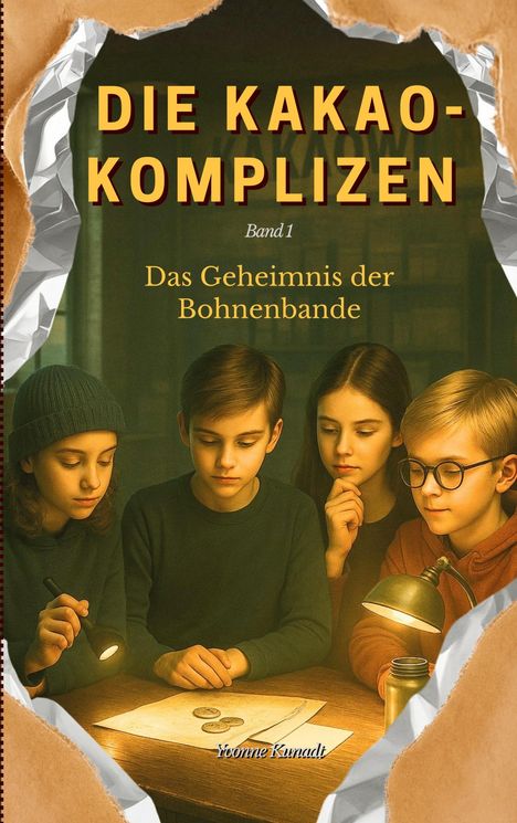 „DIE KAKAO-KOMPLIZEN Band 1: Das Geheimnis der Bohnenbande“. Vier Kinder sitzen fokusiert um einen Tisch.