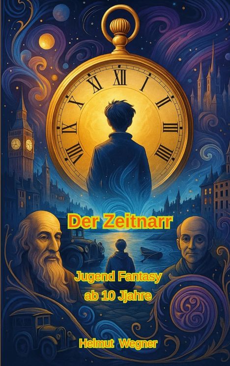 "Der Zeitnarr", "Jugend Fantasy ab 10 Jjahre", "Helmut Wegner". Junge vor Uhr, fantasievolle Stadt, zwei Porträts.