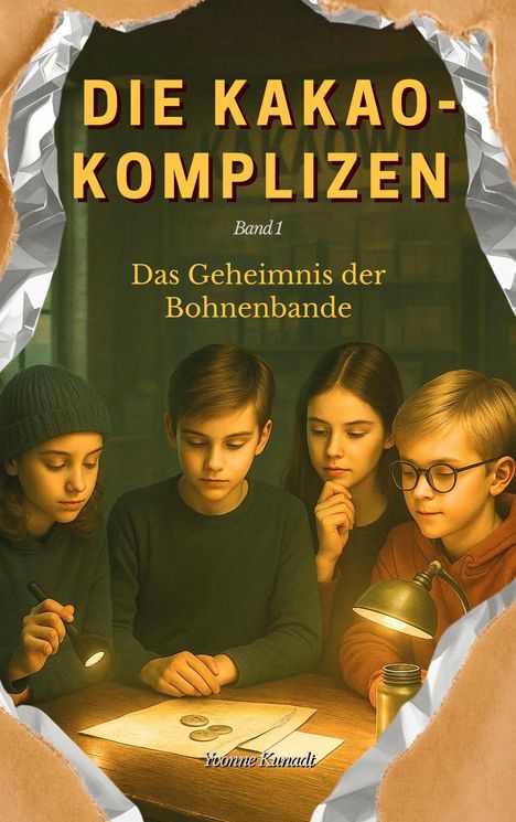 "Die Kakao-Komplizen", "Band 1", "Das Geheimnis der Bohnenbande". Vier Kinder betrachten interessiert Dokumente.