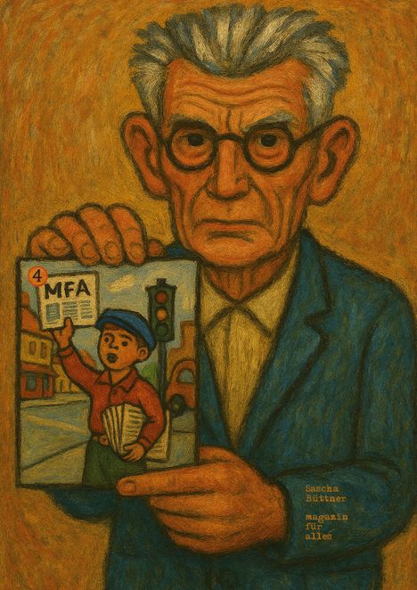 Illustration: Ein ernster Mann mit Brille hält ein Magazin mit "MFA", darunter ein Junge mit Zeitungen und erhobener Hand.