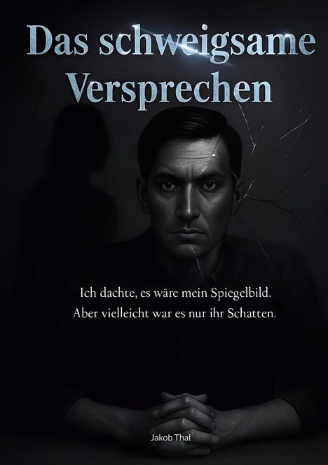 Logo: "Das schweigsame Versprechen". Text: "Ich dachte, es wäre mein Spiegelbild. Aber vielleicht war es nur ihr Schatten." Darunter ist ein Mann mit ernstem Gesicht, geballten Händen und einer Schattenfigur im Hintergrund zu sehen.