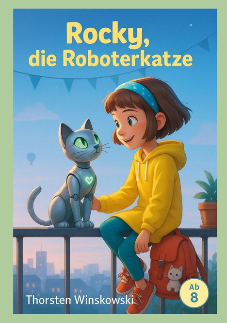 Titel: Rocky, die Roboterkatze. Illustration: Mädchen in Gelb mit Roboterkatze auf Balkon bei Sonnenuntergang.