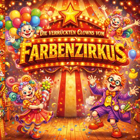 Text: "Die verrückten Clowns vom FARBENZIRKUS". Illustration bunter Clowns mit Luftballons und Konfetti unter einem leuchtenden Zirkuszelt.