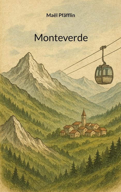 „Maël Pfäfflin“ und „Monteverde“ stehen über einer Landschaftsillustration mit Bergen, Dorf und Seilbahn.