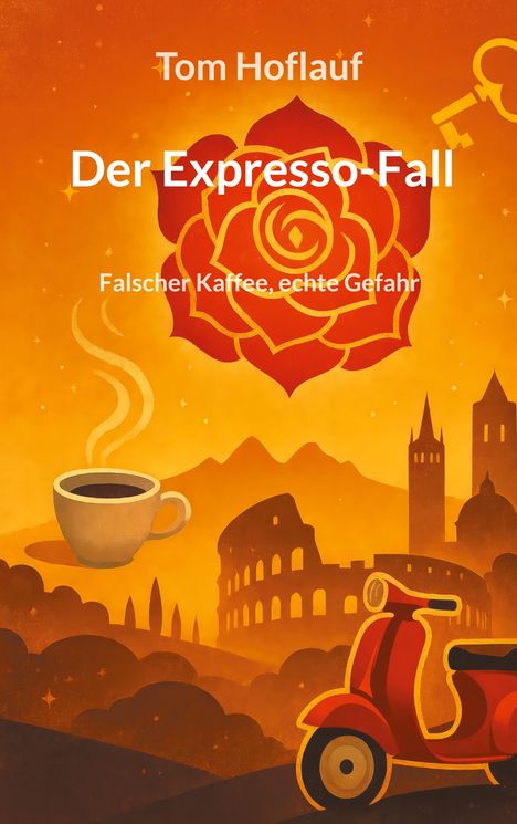 „Tom Hoflauf, Der Expresso-Fall, Falscher Kaffee, echte Gefahr“. Illustration: Kaffeetasse, roter Roller, italienische Gebäude.