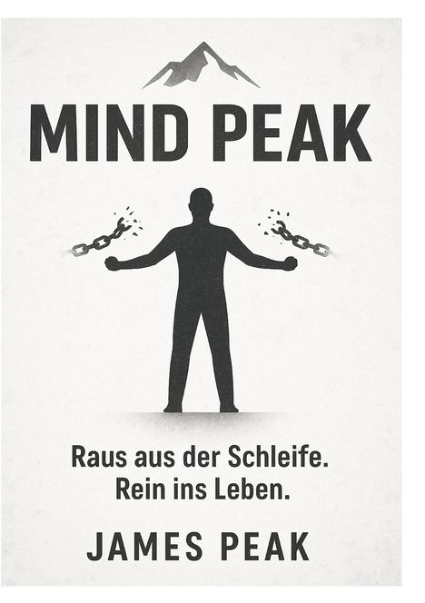 "MIND PEAK. Raus aus der Schleife. Rein ins Leben. JAMES PEAK." Illustration: Mensch zerbricht Ketten, darüber Berg-Symbol.
