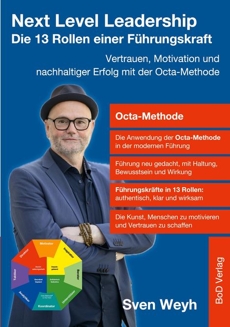 Titel: Next Level Leadership. Text: Vertrauen, Motivation, nachhaltiger Erfolg mit der Octa-Methode. Person in Anzug mit Hut.
