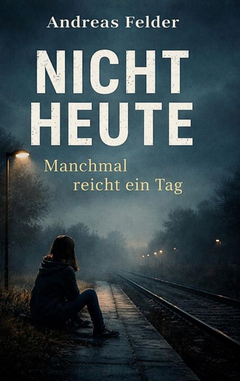 "Nicht heute, Manchmal reicht ein Tag" – Dunkle Szene, Person sitzt allein an Gleisen im Nebel.