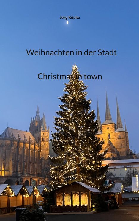 „Weihnachten in der Stadt“. Großer beleuchteter Weihnachtsbaum, Marktstände, historische Gebäude mit Türmen im Hintergrund.
