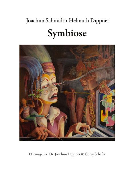 Joachim Schmidt und Helmuth Dippner: "Symbiose". Illustration von zwei Figuren, eine mit Maske, am Computer.