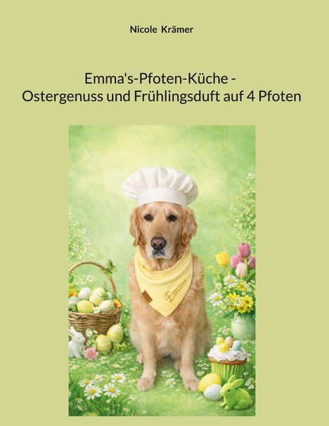 "Emma's-Pfoten-Küche - Ostergenuss und Frühlingsduft auf 4 Pfoten." Hund mit Kochmütze, gelbem Halstuch, umgeben von Osterdekoration.