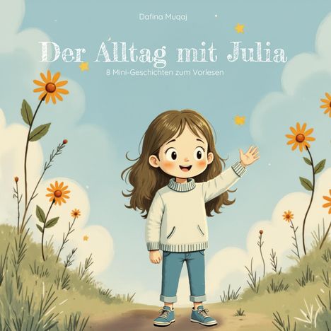 Der Text lautet: "Dafina Muqaj, Der Alltag mit Julia, 8 Mini-Geschichten zum Vorlesen." Illustration: Ein Mädchen winkt, umgeben von Blumen.
