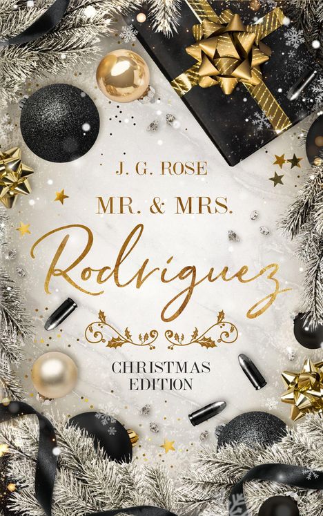 J. G. Rose, Mr. & Mrs. Rodriguez, Christmas Edition. Goldene und schwarze Weihnachtsdekoration mit Geschenk und Kugeln.