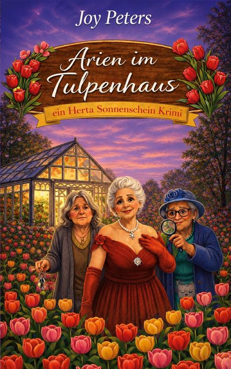 „Joy Peters: Arien im Tulpenhaus, ein Herta Sonnenschein Krimi“. Drei ältere Damen im Tulpenfeld, eine hält einen Schlüssel.