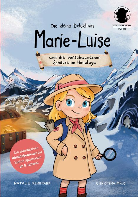 Titel: "Die kleine Detektivin Marie-Luise und die verschwundenen Schätze im Himalaya". Illustration eines Mädchens in Berglandschaft.