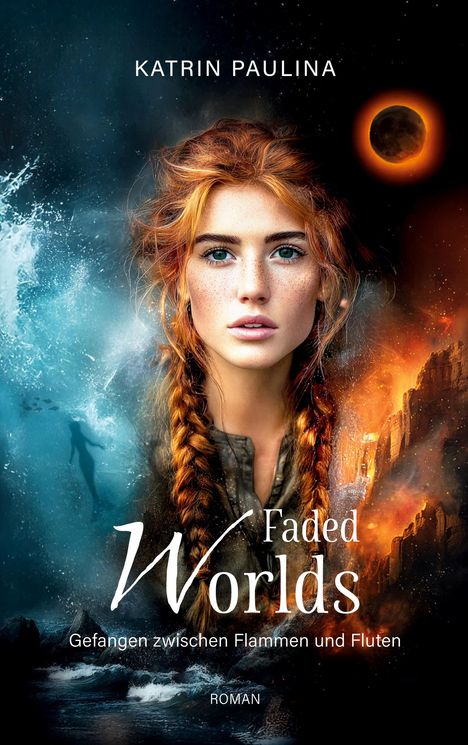 KATRIN PAULINA, Faded Worlds, Gefangen zwischen Flammen und Fluten, ROMAN. Frau zwischen Wasser und Feuer, leuchtender Mond.