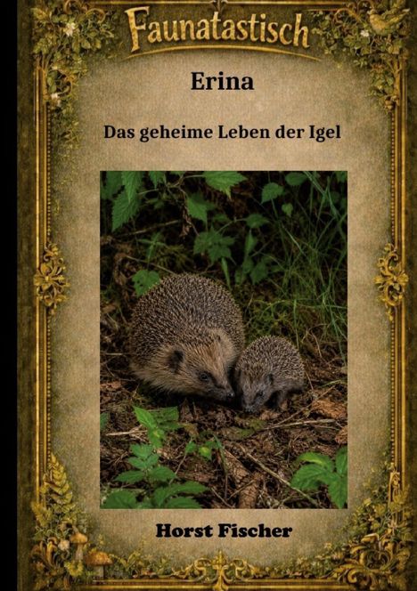 "Faunatastisch: Erina - Das geheime Leben der Igel" und "Horst Fischer". Zwei Igel im Wald; goldener, verzierter Rahmen.