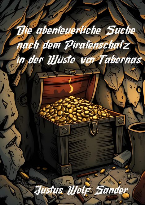 „Die abenteuerliche Suche nach dem Piratenschatz in der Wüste von Tabernas“ und „Justus Wolf Sander“ stehen in Weiß. Eine Schatztruhe voller Goldmünzen in einer Felsenhöhle.