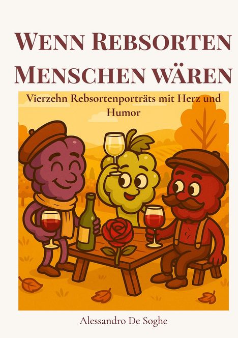 Titel: "Wenn Rebsorten Menschen wären". Vierzehn Rebsortenporträts mit Herz und Humor. Drei fröhliche Traubenfiguren stoßen an.
