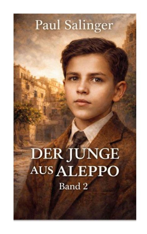 "Paul Salinger. DER JUNGE AUS ALEPPO Band 2." Ein Junge in altmodischer Kleidung vor einer alten Stadtlandschaft.