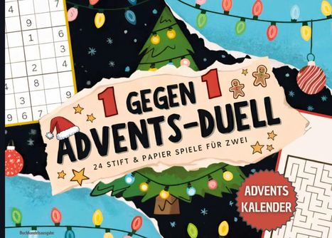 "1 gegen 1 ADVENTS-DUELL" mit festlichen Illustrationen: Lichterkette, Weihnachtsbaum, Sudoku, Labyrinth und Lebkuchenmännchen.