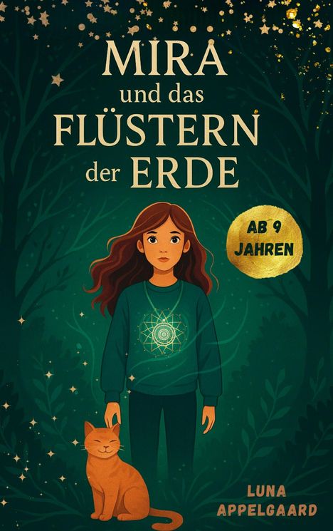 Texte: "Mira und das Flüstern der Erde", "Ab 9 Jahren", "Luna Appelgaard". Illustration: Mädchen in Wald, orangerote Katze.
