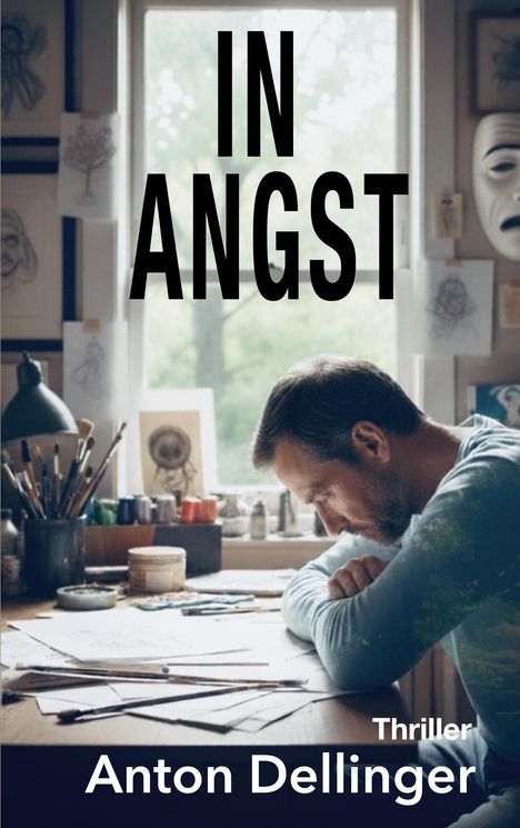„IN ANGST“, „Thriller“, „Anton Dellinger“. Ein Mann sitzt nachdenklich an einem mit Zeichenmaterial gefüllten Tisch.