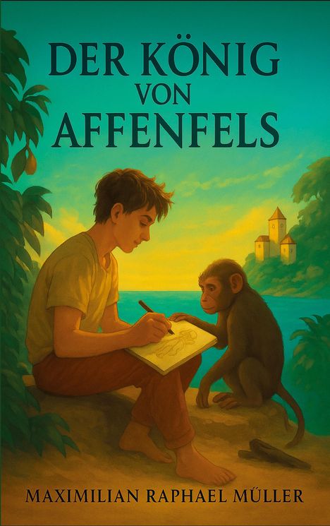 Titel: Der König von Affenfels. Ein Junge zeichnet, ein Affe sitzt neben ihm. Im Hintergrund ein Fluss und eine Burg.