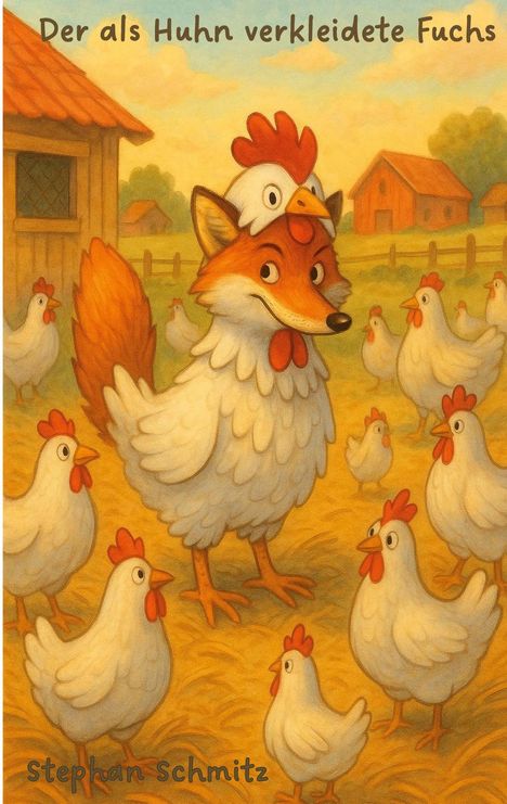 "Der als Huhn verkleidete Fuchs" steht oben, "Stephan Schmitz" unten. Ein Fuchs als Huhn getarnt, umgeben von Hühnern.