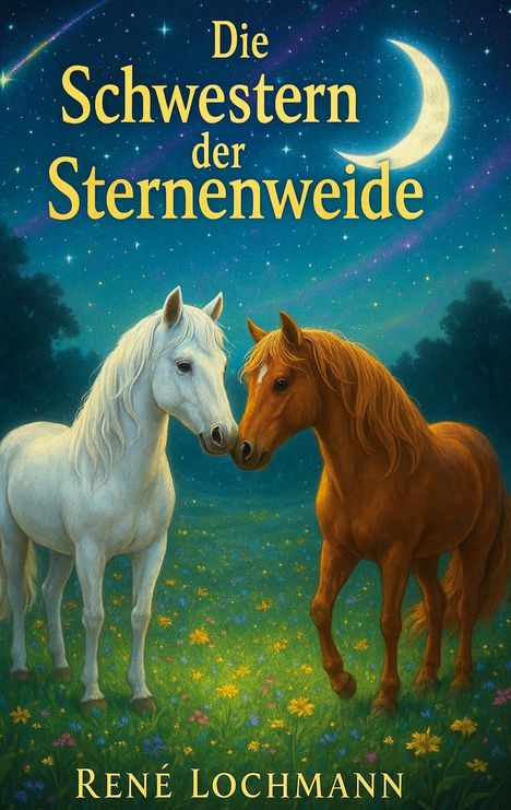"Die Schwestern der Sternenweide" und "René Lochmann". Zwei Pferde stehen auf einer Wiese unter einem Sternenhimmel.