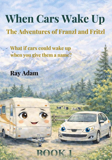 Text: "When Cars Wake Up", "The Adventures of Franzl and Fritzl", "What if cars could wake up when you give them a name?", "Ray Adam", "BOOK 1". Illustration: Lächelnder Wohnwagen und Auto mit großen Augen in Berglandschaft.