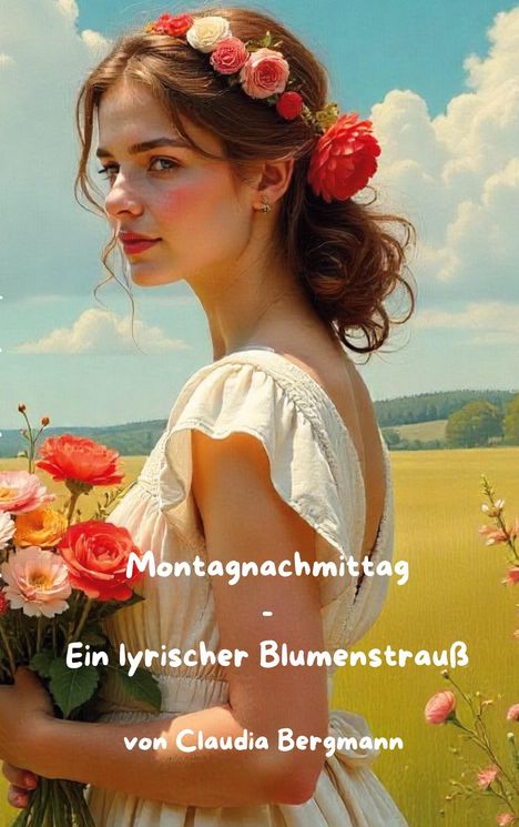 Montagnachmittag - Ein lyrischer Blumenstrauß von Claudia Bergmann. Frau mit Blumenkranz, hält Blumenstrauß, Feld im Hintergrund.