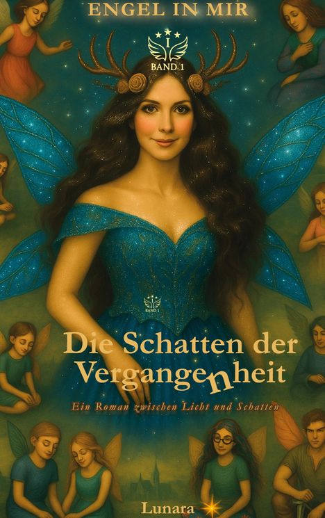 "Engel in mir", "Band 1", "Die Schatten der Vergangenheit", "Ein Roman zwischen Licht und Schatten", "Lunara". Illustration: Frau mit blauen Flügeln.