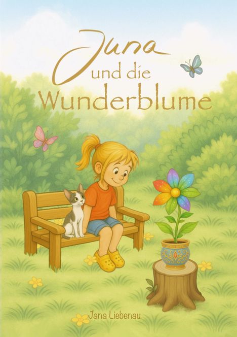 „Juna und die Wunderblume“. Mädchen, Katze auf Bank, bunte Blume, Schmetterlinge, verspielte Illustration.