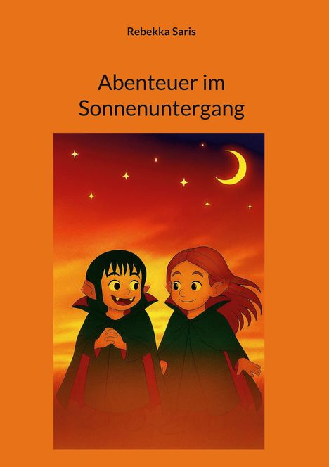 „Abenteuer im Sonnenuntergang“ von Rebekka Saris. Zwei fröhliche Figuren unter einem orangefarbenen Himmel mit Mond.