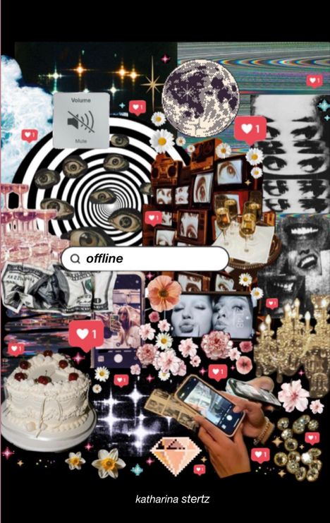 Surrealistische Collage: "offline" in einer Suchleiste, Augenmotive, Herzen, Blüten, Gläser und Retro-Bildschirme in bunter Anordnung.
