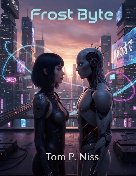 „Frost Byte“ und „Tom P. Niss“. Eine Frau und ein Roboter stehen sich in futuristischer Stadt gegenüber.