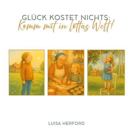 "GLÜCK KOSTET NICHTS: Komm mit in Lottas Welt!" Illustration mit drei Szenen: Mädchen in Natur, beim Backen und Apfelpflücken.