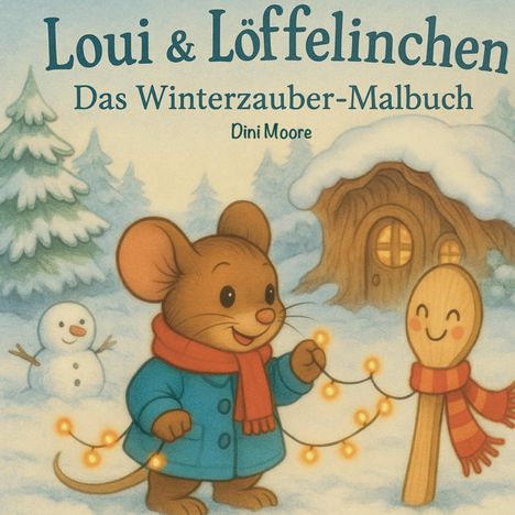 Titel: Loui & Löffelinchen. Untertitel: Das Winterzauber-Malbuch. Dini Moore. Illustration: Maus mit Lichterkette, Schneelandschaft.