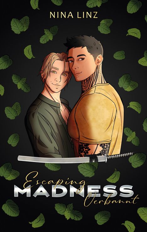 "Escaping Madness - Verbannt" oben "Nina Linz". Illustration von zwei lächelnden Figuren, Blätter im Hintergrund.