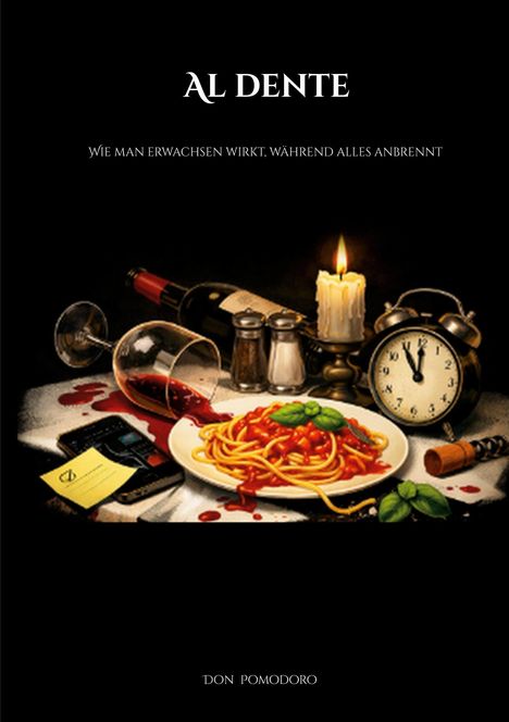 "AL DENTE. Wie man erwachsen wirkt, während alles anbrennt. Don Pomodoro." Ein Teller Spaghetti, Kerze, Wecker, Weinflasche.