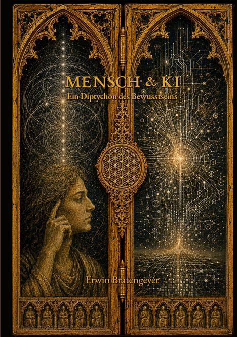 "MENSCH & KI: Ein Diptychon des Bewusstseins. Erwin Bratengeyer." Goldene, verzierte Diptychon-Illustration mit menschlicher Figur links.