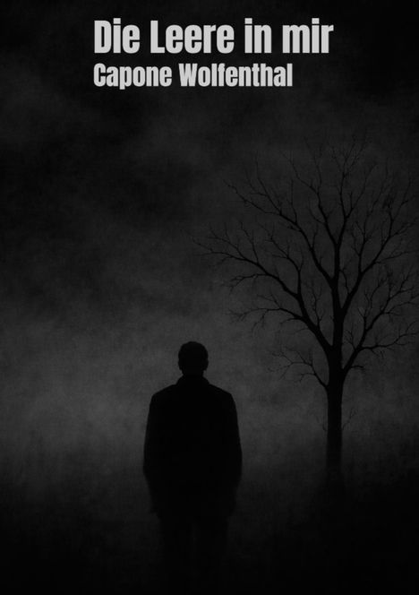 "Die Leere in mir, Capone Wolfenthal." Silhouette eines Mannes vor nebligem Hintergrund mit einem kahlen Baum rechts.