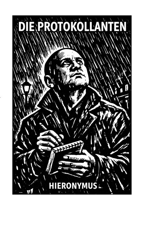 „DIE PROTOKOLLANTEN“ oben, „HIERONYMUS“ unten. Illustration eines Mannes im Regen, der in ein Notizbuch schreibt.