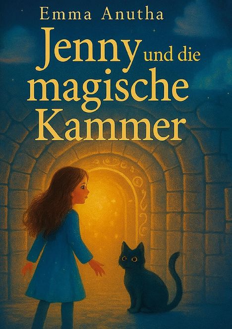 "Jenny und die magische Kammer" steht in großer Schrift über einem Mädchen in blauer Kleidung vor einer leuchtenden Tür.