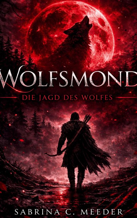 "Wolfsmond: Die Jagd des Wolfes" von Sabrina C. Meeder. Ein Jäger mit Bogen vor rotem Vollmond und heulendem Wolf.