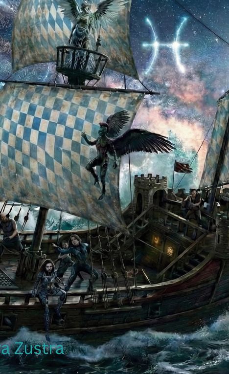 „a Zustra“ unten. Fantastische Illustration eines Schiffs mit geflügelten Figuren und einem Sternbild am Himmel.